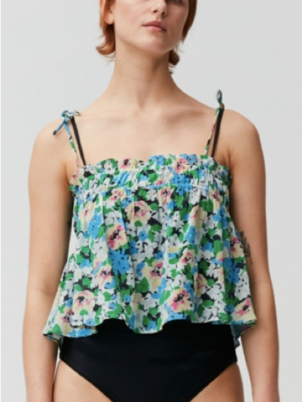 GANNI Light organic Cotton Floral Azure Blue Smocked Tie Strap Crop camisole top - Picture 2 of 7
